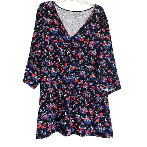 Woman Within Tops - Woman Within Black Floral V Neck Tunic Top 5X Short Sleeve Feminine Stretchy